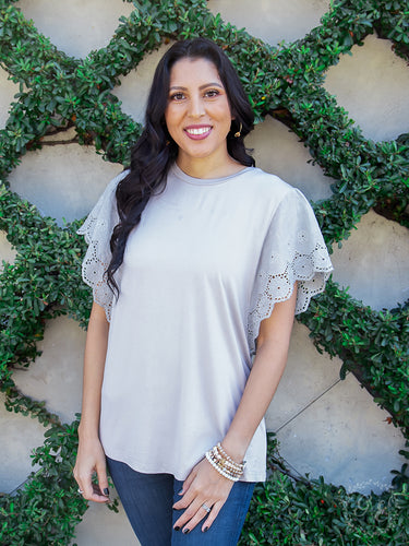 Grey Eyelet Lace Sleeve Top