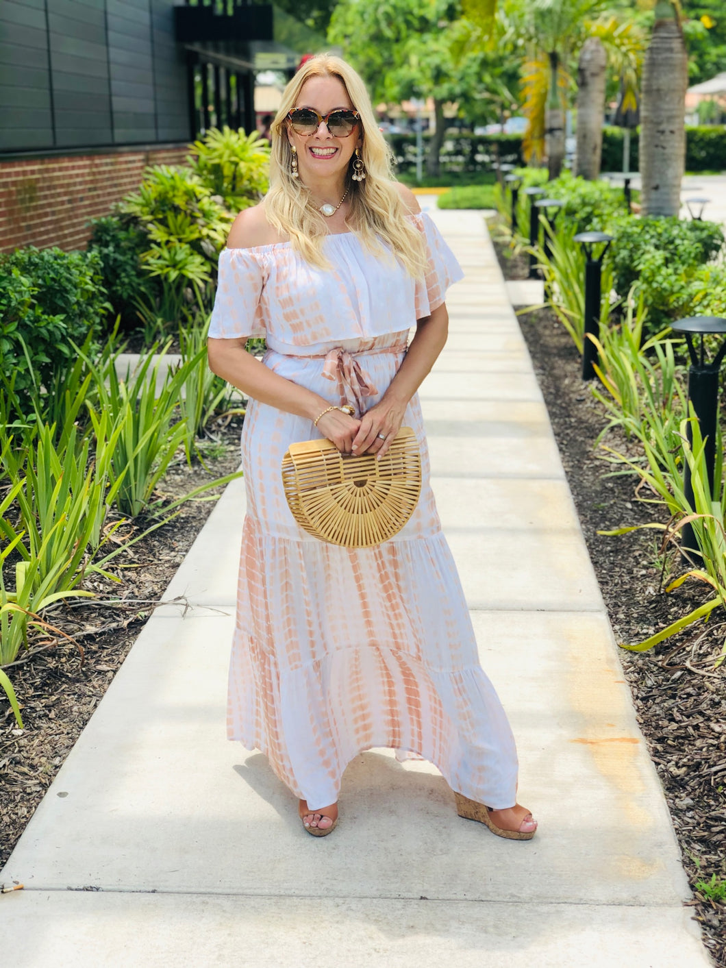 Off Shoulder Tie Dye Maxi -Taupe