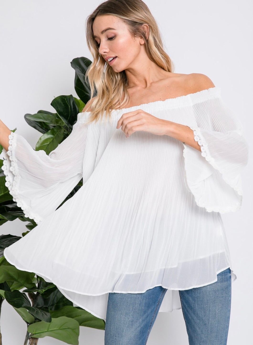 Lace Detailed Bell Sleeve Pleated Sheer Off Shoulder Top