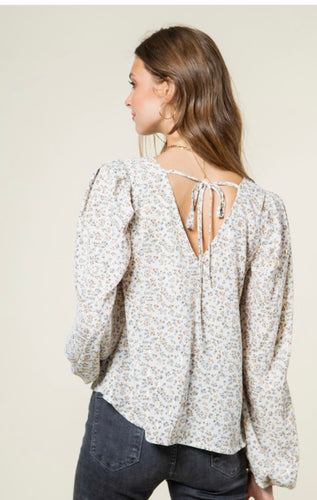 Cream Puff Long Sleeve V Neck Top w/Gold Accent