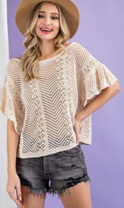 Oatmeal Crochet Knit Ruffle Top