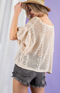 Oatmeal Crochet Knit Ruffle Top