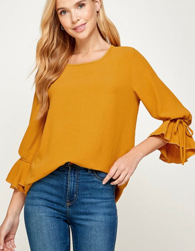 Mustard 3/4 Sleeve Tie Detail Top