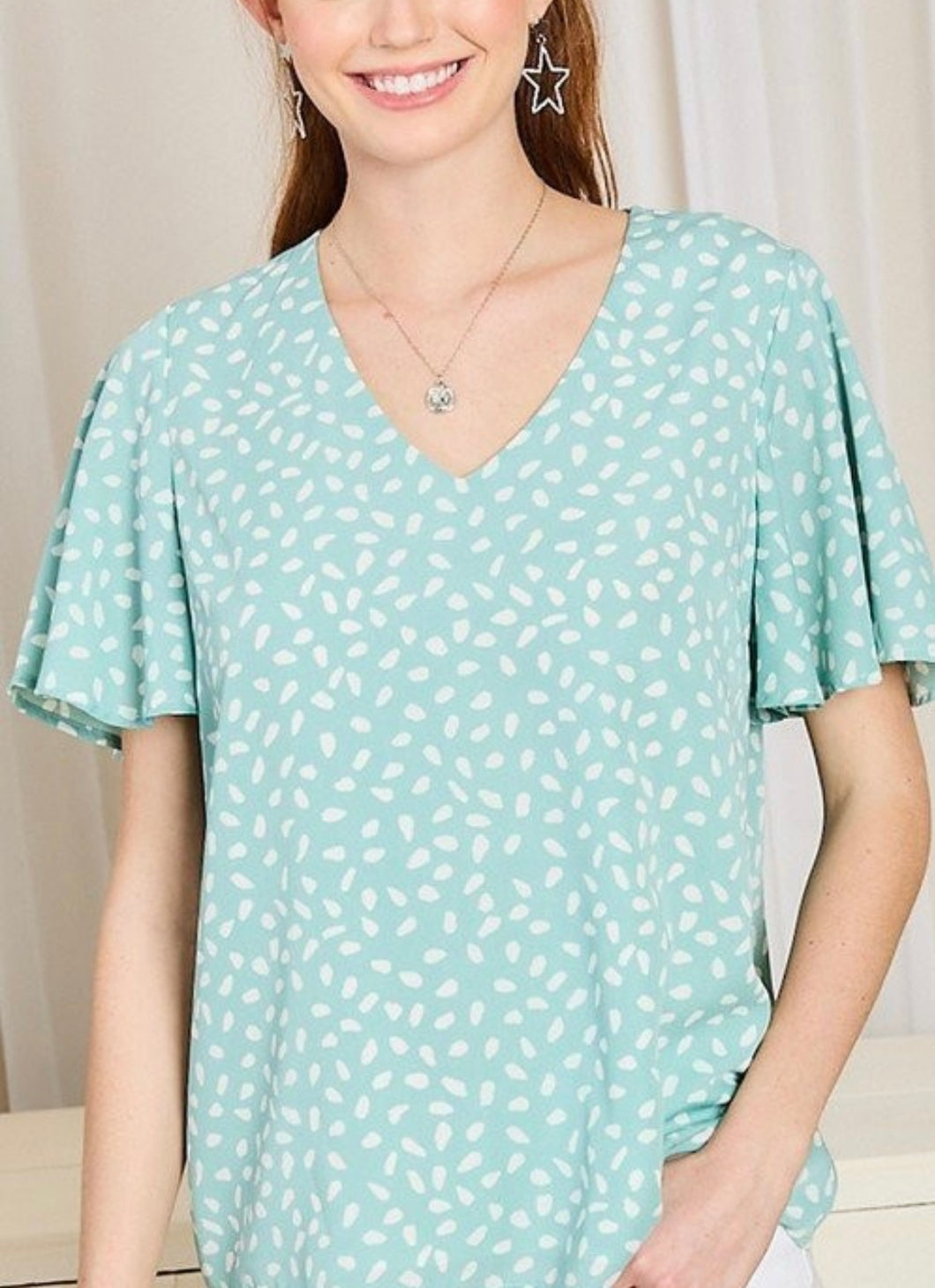 V Neck Ruffled Sleeve Leopard Top