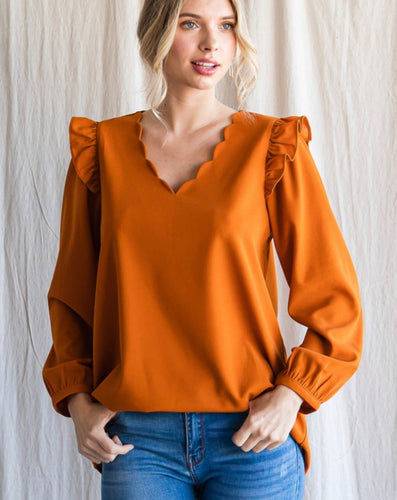 Rust Scalloped Neck w/Ruffled Shoulder Top