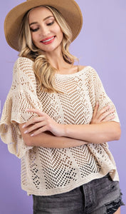 Oatmeal Crochet Knit Ruffle Top