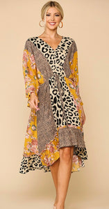 Leopard & Floral Print Midi Dress