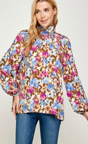 Floral Neck Tie Long Sleeve Top