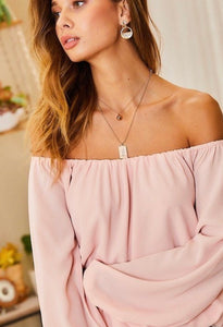 Pink Off  the Shoulder Long Bubble Sleeve Top