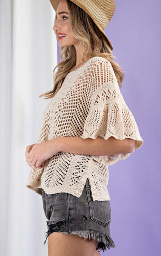 Oatmeal Crochet Knit Ruffle Top