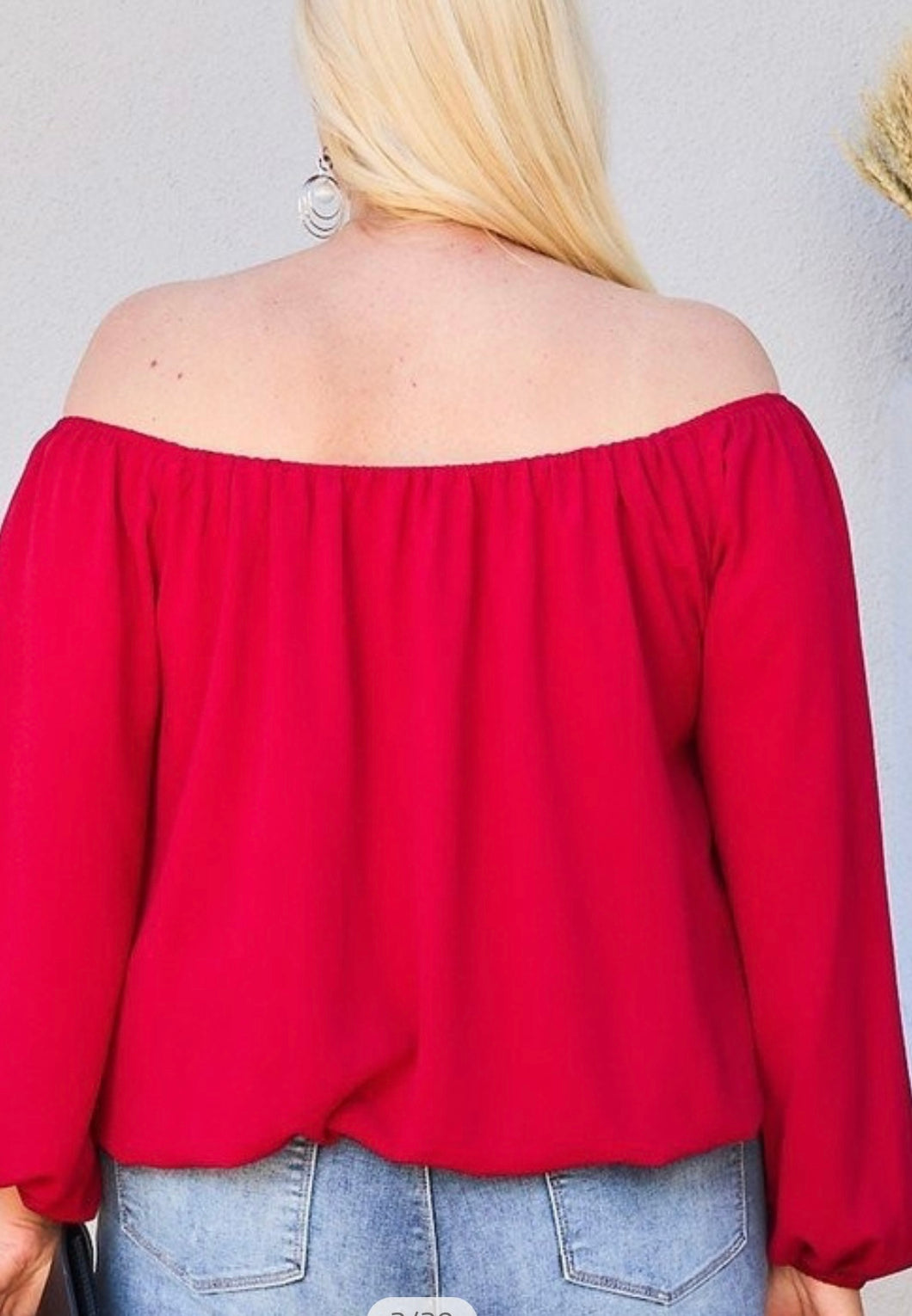 Red Off Shoulder Long Bubble Sleeve Top