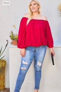 Red Off Shoulder Long Bubble Sleeve Top